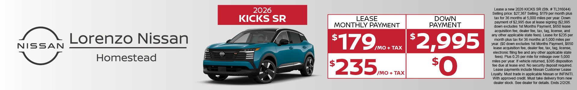 2026 Nissan Kicks Lease Starting at $179/month