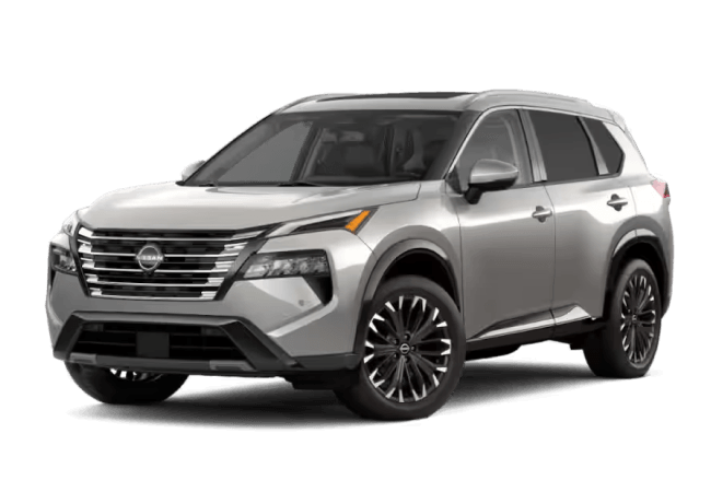 Front three-quarter view of a silver 2027 Nissan Rogue Platinum.