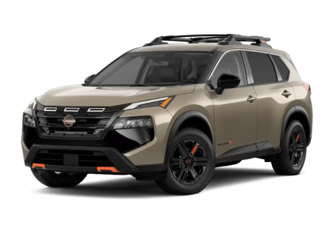 Front three-quarter view of a white 2027 Nissan Rogue Rock Creek.