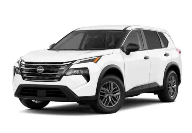 Front three-quarter view of a white 2027 Nissan Rogue S.