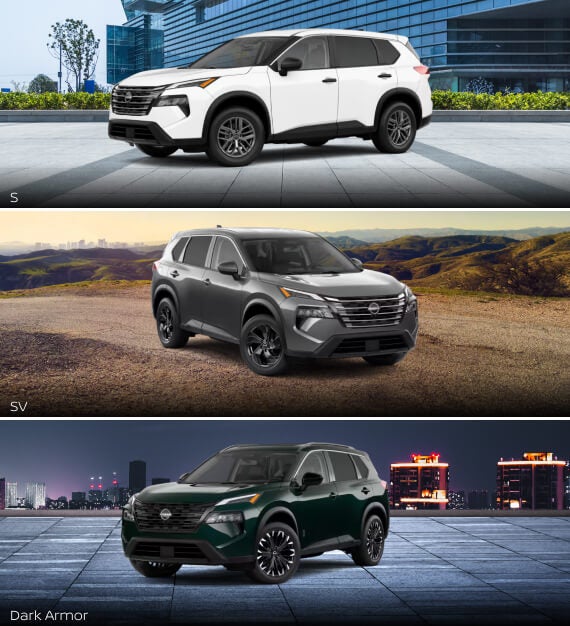 Split image of 2027 Nissan Rogue in S, SV and Dark Armor trims parked in various locales.