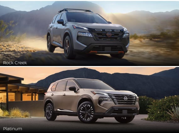 Split image of 2027 Nissan Rogue Rock Creek driving on a dirt road and Platinum parked in a driveway.