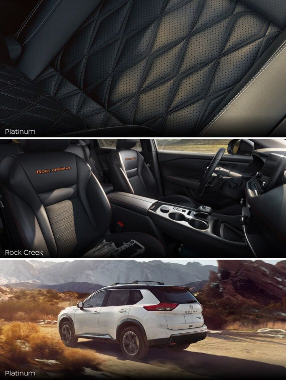 Detail shot of Nissan Rogue Platinum and Rock Creek interiors. Exterior shot of Platinum on a dirt road.