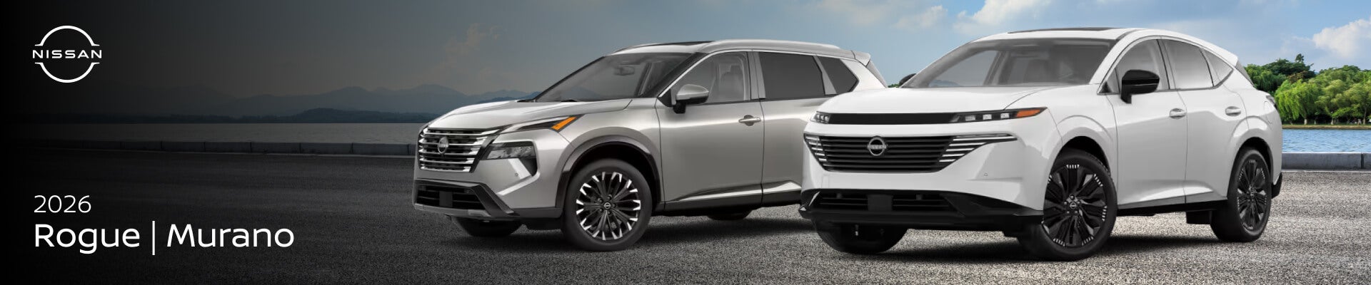 Front three-quarter views of a silver 2026 Nissan Rogue and a white 2026 Nissan Murano parked in a waterfront parking lot.