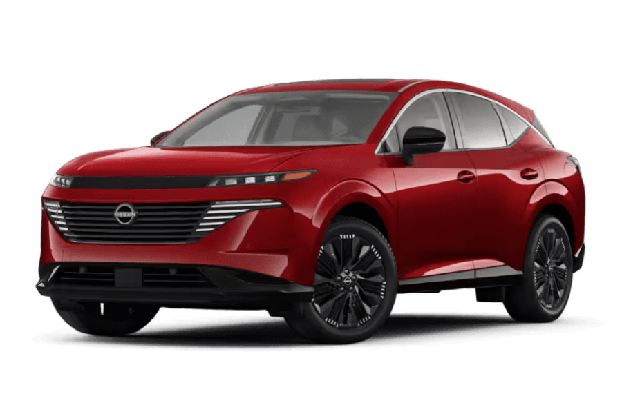 Isolated front three-quarter view of a dark red 2026 Nissan Murano.