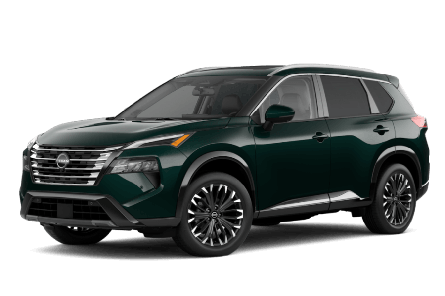 Isolated front three-quarter view of a dark green 2026 Nissan Rogue.