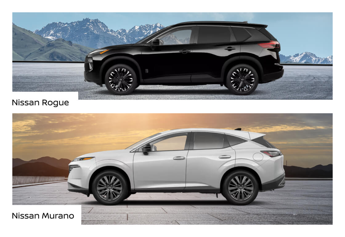Split image of side views of a black 2026 Nissan Rogue and a white Nissan Murano side-by-side.
