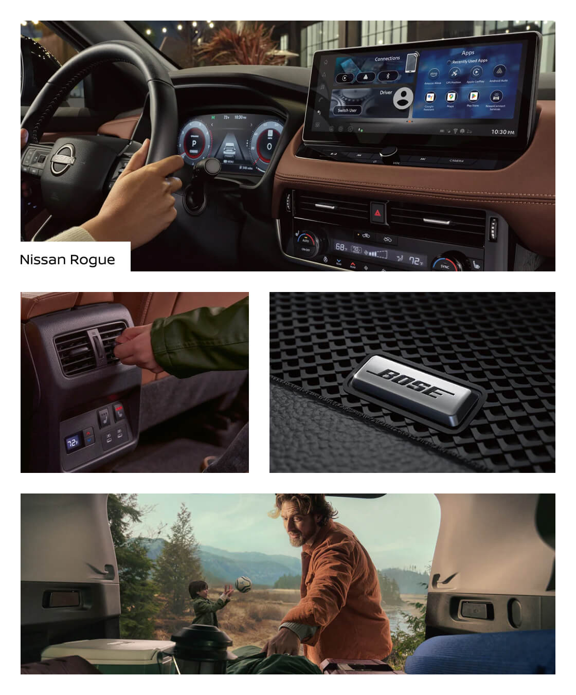 Collage of interior close-ups of 2026 Nissan Rogue technology and safety features.