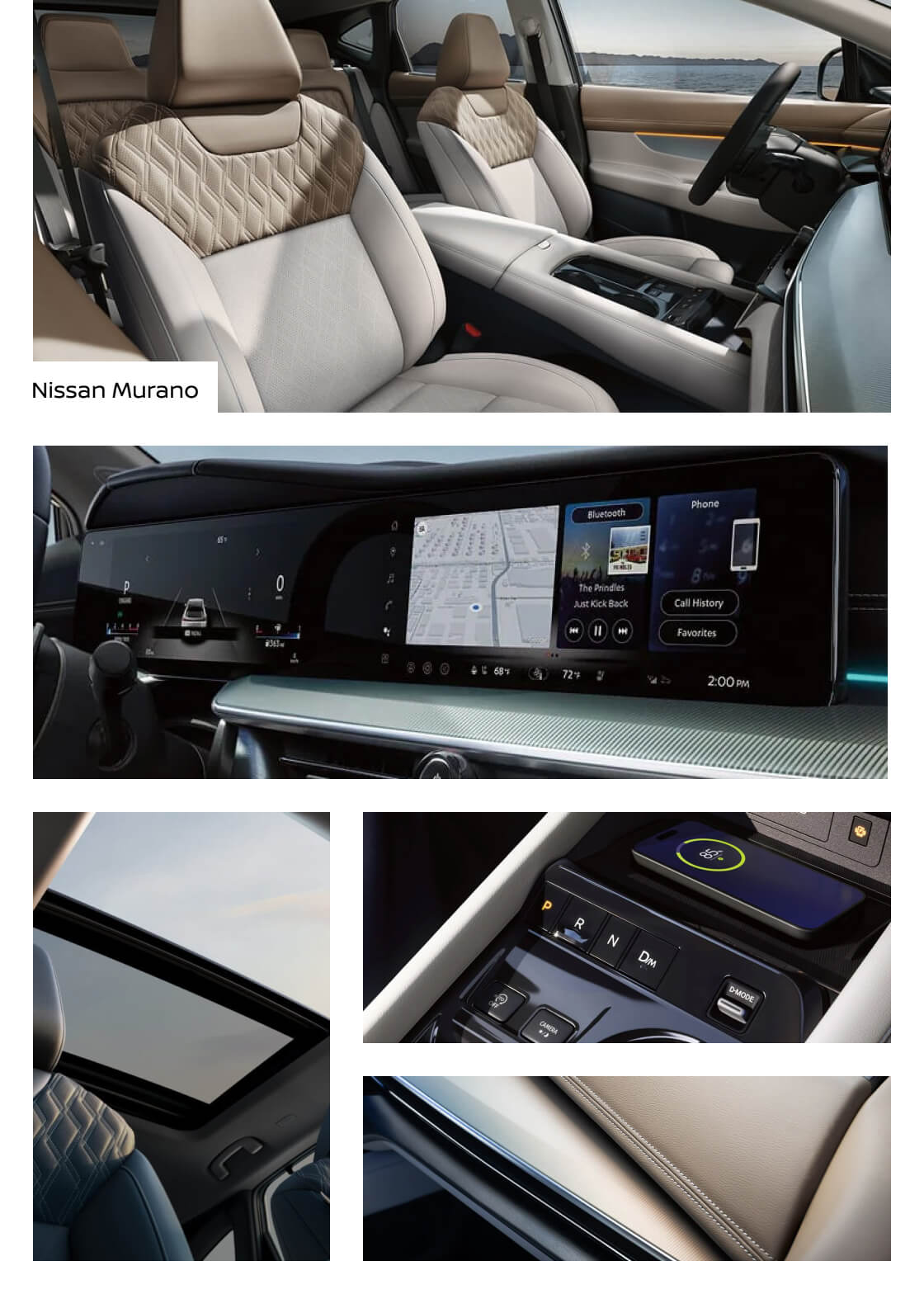 Collage of interior close-ups of 2026 Nissan Murano technology and safety features.