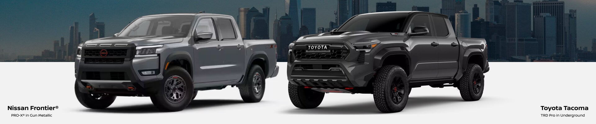 Studio comparison of a Nissan Frontier PRO-4X in Gun Metallic on the left and a Toyota Tacoma TRD Pro in Underground.