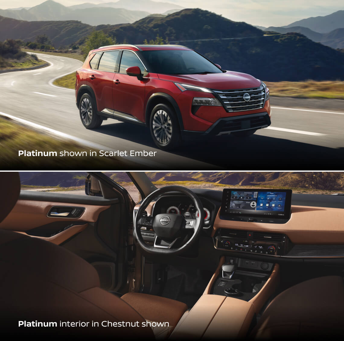 2026 Nissan Rogue Platinum AWD in Scarlet Ember driving on a mountain road. Bottom: Chestnut leather cockpit.