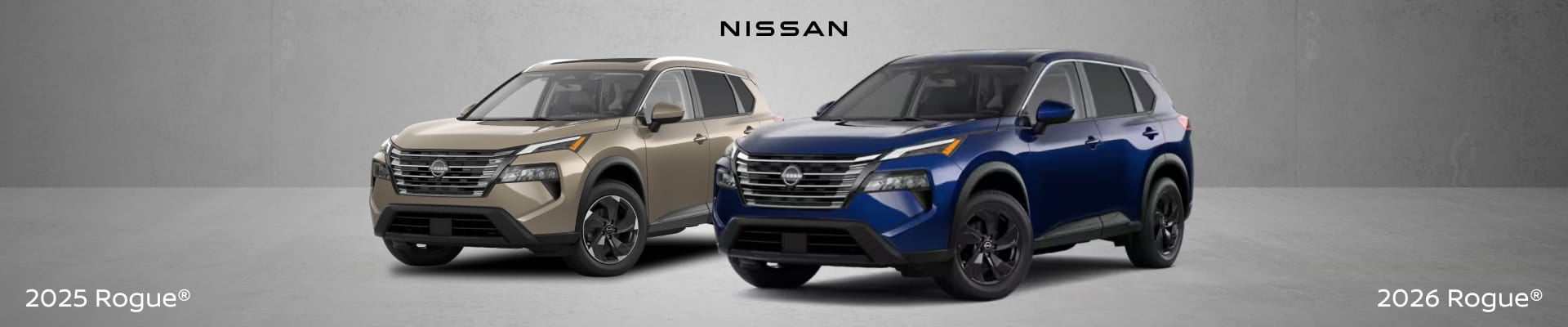 Beige 2025 Nissan Rogue and blue 2026 Nissan Rogue shown side by side from front three-quarter angles.